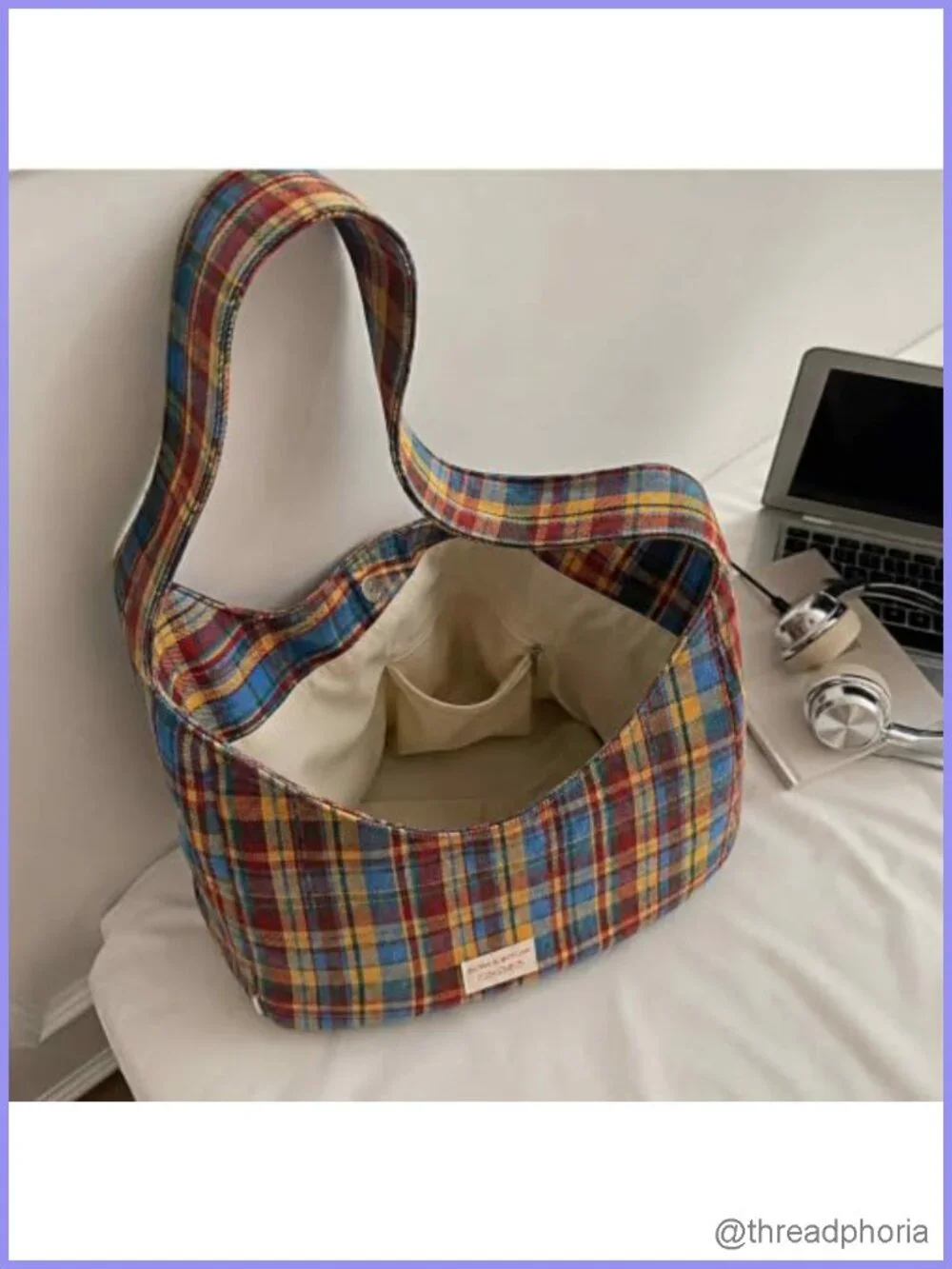 Tweed Plaid Hobo Bag - Gingham Patchwork Shoulder Purse - Magnetic Snap Closure